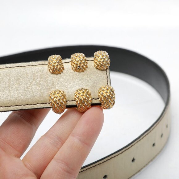 Vintage TILLA Leather Belt Gold Studded Claw Pin Buckle Italy 80s Cream Beige - Picture 9 of 9
